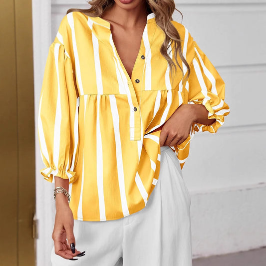 Women's Striped Shirt Puff Sleeve Loose Top