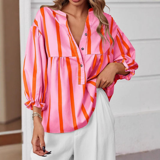 Women's Striped Shirt Puff Sleeve Loose Top