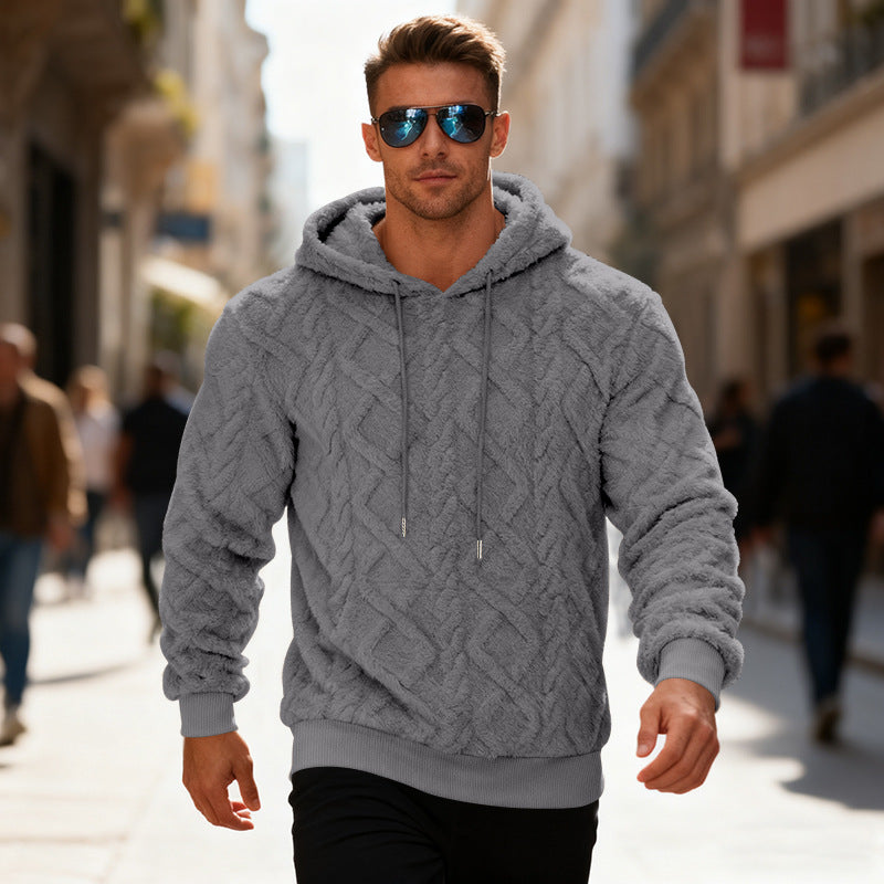 Plush Hooded Sweatshirt Winter Warm Long-sleeved Pullover Top Men's Casual Solid Color Fleece Hoodie Clothing